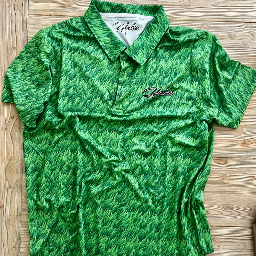 Hacker Golf Polo Shirt Size L | Green Grass Print Novelty Golf Shirt